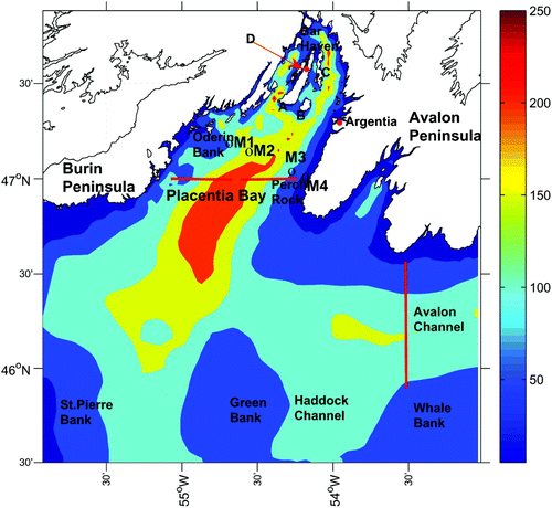 Fig. 1 Map of model domain showing the major locations and features, bathymetry (in metres). The thick red lines indicate transects where the model volume transports are calculated. A is Merasheen Island; B is Red Island and C is Long Island. D is one of the two tide-gauge stations (red dots).