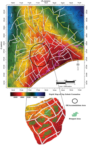 Figure 8. Structure contour map of the top Zubair Formation, showing the faults network in the field; the enlarged area shows the compartmentalisation phenomena that characterised the reservoir resulting from the faulting mechanism.