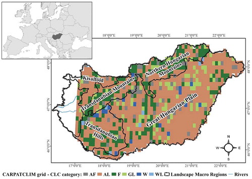 Figure 1. Location of Hungary and the analyzed data points by macro-regions and land cover types; AF – artificial surfaces; AL – arable land; F – forest; GL – grassland; W – water; WL – wetland.