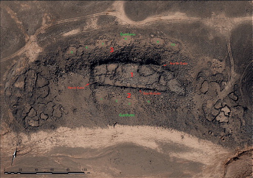 Fig. 1. Aerial photo of Khirbet al-Ja’bariyah with indication of gates, gardens and excavation/sounding areas (© W. Abu al-Azizeh and B. Müller-Neuhof—DAI Orientabteilung, based on photographs taken by APAAME).