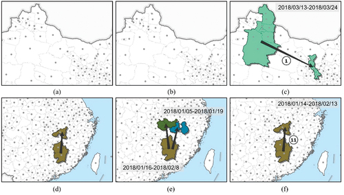 Figure 16. Comparative experiments based on real-world datasets. (a) Mapping of flow patterns, (b) duration of each flow pattern. (a) result of SpatialflowL, (b) result of flow ST-DBSCAN and (c) result of WST-FP in low-density population regions. (d) result of SpatialflowL, (e) result of flow ST-DBSCAN and (f) result of WST-FP in high-density population regions.