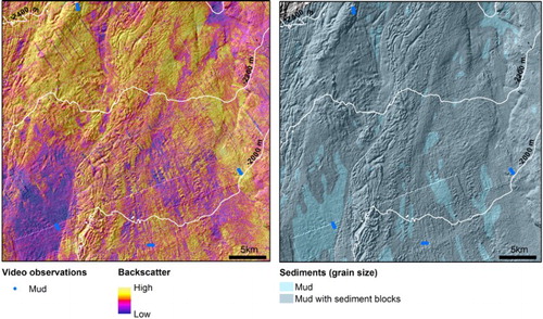 Figure 11. Example of backscatter data and interpreted sediment map at about 2000-m depth. See Figure 1 for location.