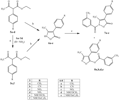 Scheme 2. Reagents and conditions: (a) R-COCl, Et3N, anhydrous CH2Cl2, 0 °C, 2 h, then r.t., 2 h; (b) NH2OH.HCl, H2O/MeOH 1:1, reflux, 5 h; (c) m-toluoyl chloride, NaH, anhydrous THF, r.t., 24 h.