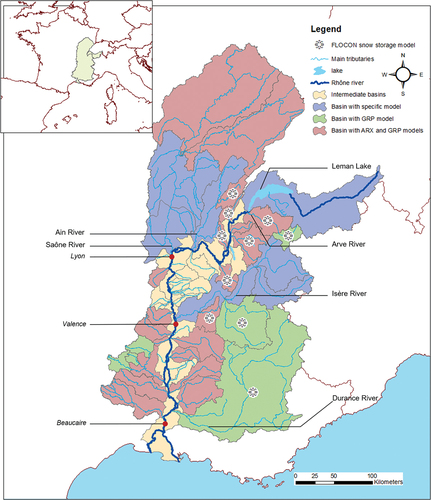 Figure 1. Map of the Rhône River basin divided into 48 sub-catchments. Hydrometeorological models set up by CNR in each sub-basin for the short-term tools are presented in colour.
