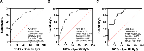 Figure 1 The receiver operating characteristic curves for predicting XDR-A. baumannii nosocomial infections in different groups. (A) patients with NSDs; (B) patients with all-cause mortality; (C) mortality among patients with NSDs.