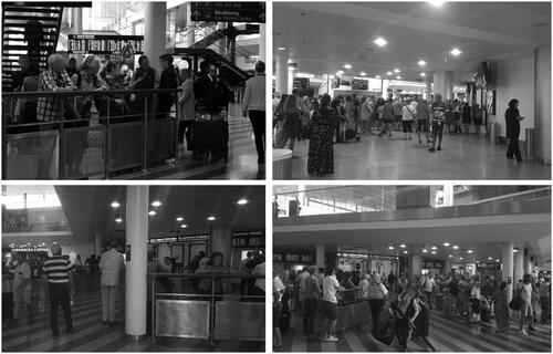 Figure 8. (a) and (b) ‘Meeters and greeters’ waiting along the barriers, and (c) in one of the corners of the intersection node; (d) Police clearing the ‘meeters and greeters’ that wait in the corridor and corners of the intersection node. Source: own.