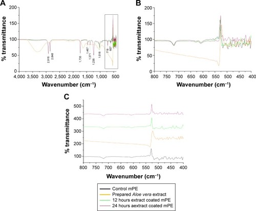 Figure 2 Recorded FTIR spectrum of control and Aloe vera-coated samples.Notes: (A) Spectrum from 4000–500 cm−1, (B) spectrum from 800–400 cm−1, (C) individual spectrum of substrates at 800–400 cm−1.Abbreviations: mPE, metallocene polyethylene; FTIR, fourier transform infrared.
