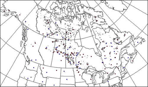 Fig. 2 Locations of lakes included in the CIS lake analysis. Of the 139 locations, 88 are assimilated (red dots) and 51 are rejected (blue dots). The rejected lakes cannot be assimilated because they are not resolved on the RIPS analysis grid. Note that these do not include the Great Lakes.