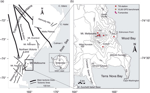 Fig. 1  Tectonic sketch map of (a) northern Victoria Land (redrawn from Carmignani et al. Citation1989). (b) Map of the permanent tilt network on Mount Melbourne.