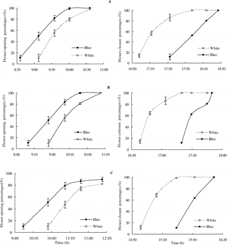 FIGURE 4 The diurnal variations in flower opening percentages and flower closure percentages in three typical weather conditions including sunny days (A), windy days (B), and overcast days (C). The sample size (N) is 150 for each color in (A), (B), and (C).