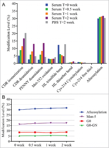 Figure 6. (A) Modification levels measured by QDa-based MAM in serum incubated samples at initial time point (blue), after 0.5 week at 37°C (green), after 1 week at 37°C (orange), and after 2 weeks at 37°C (purple). MAB1 incubated in PBS after 2 weeks at 37°C was tested side by side as control (gray). (B) Slight afucosylation increase in serum incubated samples was mainly contributed by the increase in Man-5.