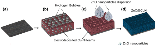 Figure 1. Schematic flow of the synthesis of the ZnO@CuNi hybrid porous layers. From (a) to (b) hydrogen bubble-assisted electrodeposition of porous CuNi MF and from (c) to (d) impregnation of the CuNi scaffold with ZnO NPs suspension.