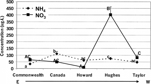 FIGURE 6. Concentrations of ammonium (NH4 +) and nitrate (NO3 –) (mean ± standard error) in cryoconite holes of Commonwealth (N = 24), Canada (N = 24), Howard (N = 24), Hughes (N = 24), and Taylor (N = 38) glaciers. Dashed lines show ammonium levels and continuous lines show nitrate levels. Capital letters indicate significant differences at P ≤ 0.05 among glaciers for nitrate, and lowercase letters indicate significant differences at P ≤ 0.05 among glaciers for ammonium
