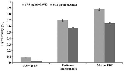 Figure 6. Percentage cytotoxicity of 17.5 μg/mL of SVE and 0.16 μg/mL of amphotericin B against RAW 264.7 macrophages, murine peritoneal macrophages and murine RBC was determined. Each value is the average of triplicate assay where presented data are mean ± SD.