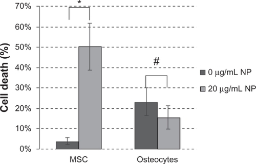 Figure 8 Zinc oxide nanoparticle toxicity in mesenchymal stem cells versus osteocytes. Cultures were treated with zinc oxide nanoparticles for 6 hours and cell viability was determined using flow cytometry and propidium iodide uptake (mean ± standard error, n = 4).