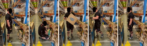 Figure 2. Snapshots of a worker lifting a box from a shelf (height = 15 cm) to a truck (height = 100 cm) during one of the test sessions wearing the measurement hardware (surface electromyography and kinematics assessments) and the passive back exoskeleton. The figure illustrates the movement of the task chronologically from left to right.