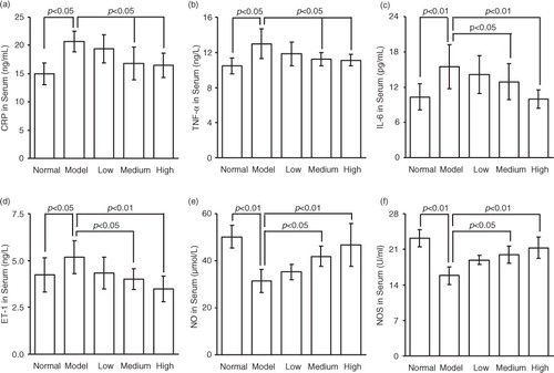 Fig. 2 The effect of dietary spinach nitrate on the serum CRP (a), TNF-α (b), IL-6 (c), ET-1 (d), and NO (e) levels and the NOS activity (f) in mice. Data are means±SD, n=8.