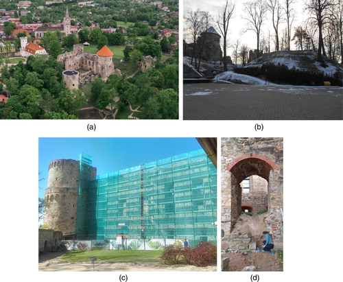Figure 3. Cēsis castle, Latvia: (a) overview of the Teutonic Order castle, (b) Riekstu Hill, the pre-crusade stronghold adjacent to the Order’s stone castle, (c) south-east tower and exterior of the eastern range during conservation work, (d) excavation and sampling of the eastern range in 2019. (Photos: Rowena Y Banerjea, Alex Brown and Gundars Kalniņš).