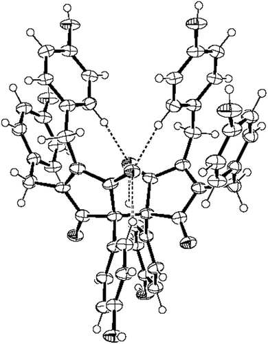 Figure 2.  Molecular structure of nostotrebin 6 with the C–H…O intramolecular hydrogen bonds shown (dashed lines). The stacking interactions between phenolic fragments are also shown.