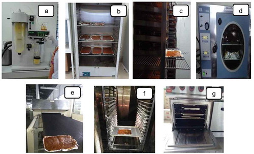 Figure 1. Illustration of different dryes [(A) spray drying, (B) cabinet drying (laboratary scale) (C) cabinet drying (large scale), (D) vaccum drying, (E) Tunnel drying (F) Rotary oven drying (G) Gas oven drying]