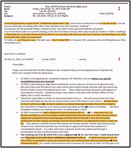 Figure 8. Email exchange from the DCPS Deputy Chancellor of operations to the DCPS chancellor regarding the recommendations of the United States Department of Education.