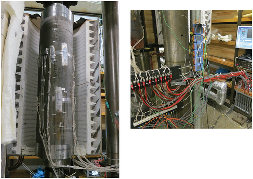 Figure 1. Left – pressure vessel in open split-furnace, just after EPD connections have been completed. Right – routing and conversion of high temperature (HT) wiring to room temperature (RT) cabling.