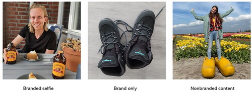Figure 1. An example of each category: Branded selfie, brand only, nonbranded content.