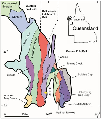 Figure 1. Tectonic subdivisions of the Mount Isa Inlier, as defined by Withnall and Hutton (Citation2013), showing the location of Tick Hill Deposit. The insert map shows the location of the Mount Isa Inlier in relation to Queensland.