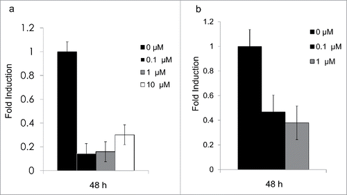 Figure 3. (a) Expression levels for Hsd1 in 3T3-L1 adipocytes. Bars show the relative expression of mRNA after 48 h for treatments with 0 μM, 0.1 μM, 1 μM, and 10 μM cortisone, P < 0.05. (b) Expression levels for Aqp7 in 3T3-L1 adipocytes. Bars show the relative expression of mRNA after 48 h for treatments with 0μM, 0.1 μM, and 1μM cortisone. The 10 µM treatment revealed undetectable levels for theAQP7 gene, but no signs of cell-increased mortality nor detachment. All error bars represent mean ± SEM, P < 0.05 (n = 3).