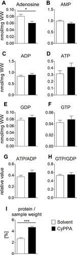 Figure 8 HPLC analysis of nucleotides in the liver as markers for changes in energy turnover induced by CyPPA 2 hours after CyPPA (15 mg/kg) or solvent application (A–I). Amount of intracellular adenosine (A), nmol/mg wet weight (WW), AMP B), ADP (C), ATP (D), GDP (E), GTP (F) concentrations and ATP:ADP (G) and GTP:GDP ratios. Cellular protein levels are displayed in I. n=6 animals per group. *P<0.05; ***P<0.001 for solvent vs CyPPA.