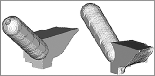 Figure 2. Two views of the computer model of the drill template. The lower surface of the template is the inverse or cast of the vertebral surface.