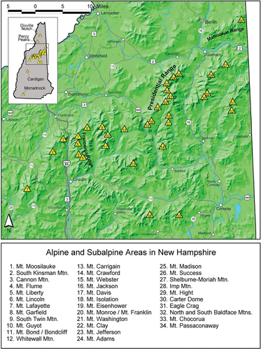 Figure 1. Alpine and subalpine peaks in New Hampshire included in the study’s focal area. From Sperduto and Kimball (Citation2011). Courtesy of New Hampshire Natural Heritage Bureau, Concord.