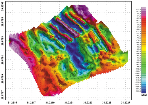 Figure 9. Bouguer anomaly map explains the subsurface structures through accurate gravitation data after correction and elevation height of the topographic area. Both the cemetery entrance and burial chamber have relatively smaller densities for the areas around the southern catacomb (the animal cemetery) area in Saqqara.