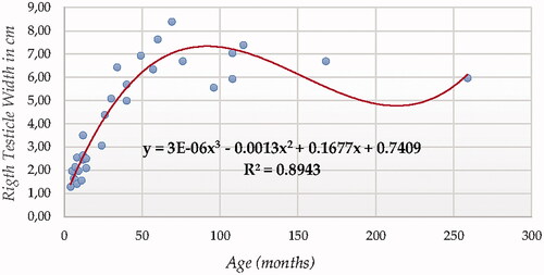 Figure 8. Right Testicle Width in cm modelling using a cubic function.