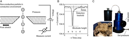 Fig. 1.  Resistive pulse sensing operating principle. When a non-conductive vesicle in a conductive medium passes through a pore, a brief increase in electrical resistance of the pore results. This is measured by monitoring the electrical current through the pore. Panel A shows a schematic representation of a pore with a vesicle passing from position a to d. Panel B shows the current from a particle moving through the pore, the letters a–d correspond to vesicle positions a–d in panel A. Panel C shows the qNano system on the right with the air-based variable pressure module (VPM) on the left. The pore and fluid cells are contained within the green square. A detail of the bottom fluid cell and the crucifix containing the pore mounted on the stretching mechanism is shown in the insert.