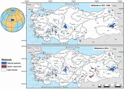 Figure 1. Distributions and changes of natural and artificial (dams/reservoirs) wetlands in Turkey in 1911–1929 vs. 2014