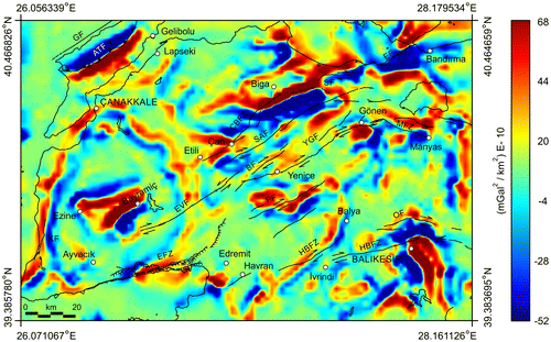 Figure 13. Profile curvature anomaly map of the data shown in Figure 10. The overlapped active faults in Biga Peninsula are modified after Duru et al. (Citation2012). The overlapped faults in Gelibolu Peninsula are modified after Yaltırak et al. (Citation2000). Black lines show coastline. Abbreviations used for the faults are given in Figure 5.