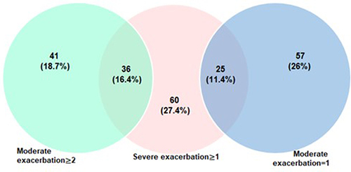 Figure 1 Distribution of moderate and severe exacerbations across patients (n = 219).