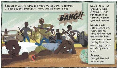 Figure 1. Michel and other boys are kidnapped by the rebels (Humphreys, Chikwanine, Dávila Citation2015, 13).