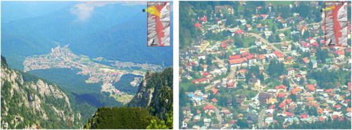 Figure 4. (a) Spatial urban sprawl of Bușteni town towards Bucegi Massif. (b) Detail image of Bușteni town (Valea Albă district) (Photo: B. Mihai, 2016).