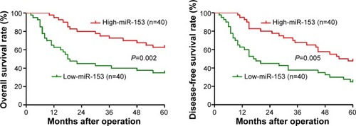 Figure 2 Prognostic significance of miR-153 in gastric cancer cases.