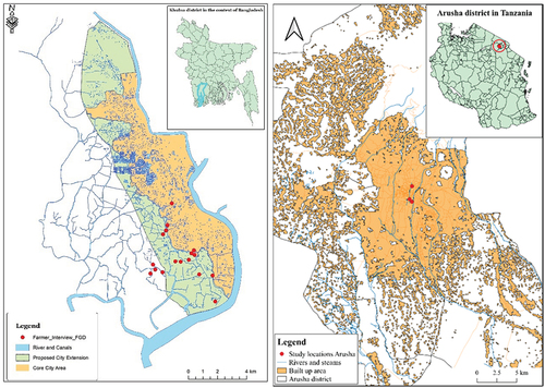 Figure 2. Maps of case study areas in Khulna (left) and Arusha (right) (constructed by authors).