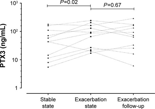 Figure 4 PTX3 levels in 11 paired sputum samples at stable, exacerbation, and 2 weeks post-exacerbation treatment.