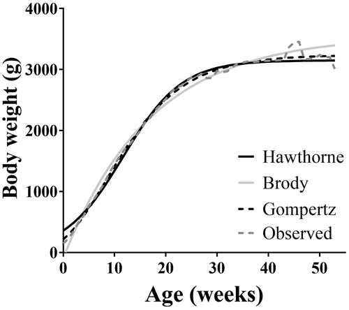 Figure 1. Changes in body weights (g) as a function of age (weeks) obtained with the observed curve and the three different growth models for Toy Poodle dogs.