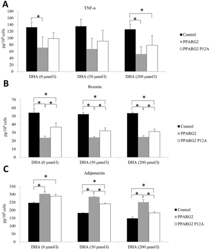 Figure 3 Effects of different genotypes on the secretory functions of adipocytes. The samples were analyzed for determination of the protein levels of TNF-α (A), resistin (B), and adiponectin (C) by ELISA. Values are expressed as the mean ± SEM. *p < 0.05.