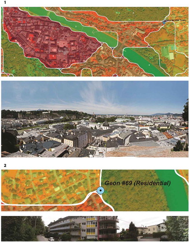 Figure 10. Photo documentation. Top: view from validation point on geon #4 (old town). Below: intersection of geon #69, #71, and #72 on 360° panorama photo (photographs: A. Binn).