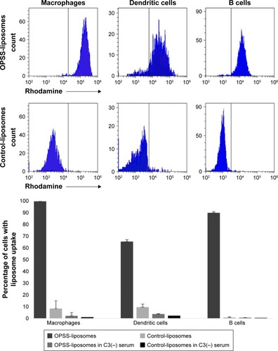 Figure 6 APCs take up OPSS-liposomes.Notes: Rhodamine-labeled OPSS-liposomes incubated in serum with complement C3 are internalized by APCs, whereas control-liposomes incubated in C3+ serum are not readily internalized. OPSS-liposomes and control-liposomes incubated in serum depleted of complement C3 (C3−) show little uptake into APCs. Data are expressed as mean ± standard error (n=5).Abbreviations: APC, antigen-presenting cell; OPSS, orthopyridyl disulfide.