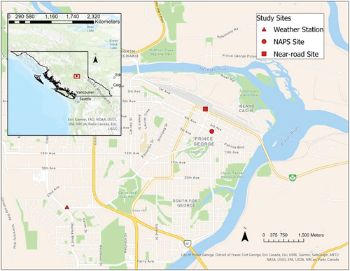Figure 1. Map of study area in Prince George, British Columbia and study sites including the near-road site, the National Ambient Pollution Surveillance (NAPS) site, and the Environment and Climate Change Canada (ECCC) weather station. The inset map highlights (red box) the location of Prince George in the BC interior region.