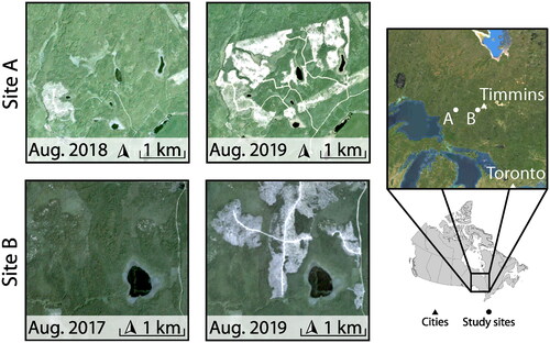 Figure 1. Areas of interest within the Romeo Malette Forest in Ontario, Canada. PlanetScope true color imagery shows both areas before and after harvesting.