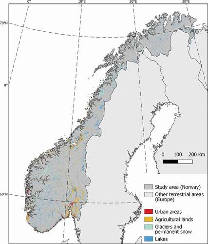 Figure 1. The study area (dark gray) comprising the terrestrial area of Norway and excluding urban areas (red), agricultural lands orange), glaciers, permanent snow (cyan) and lakes (blue)